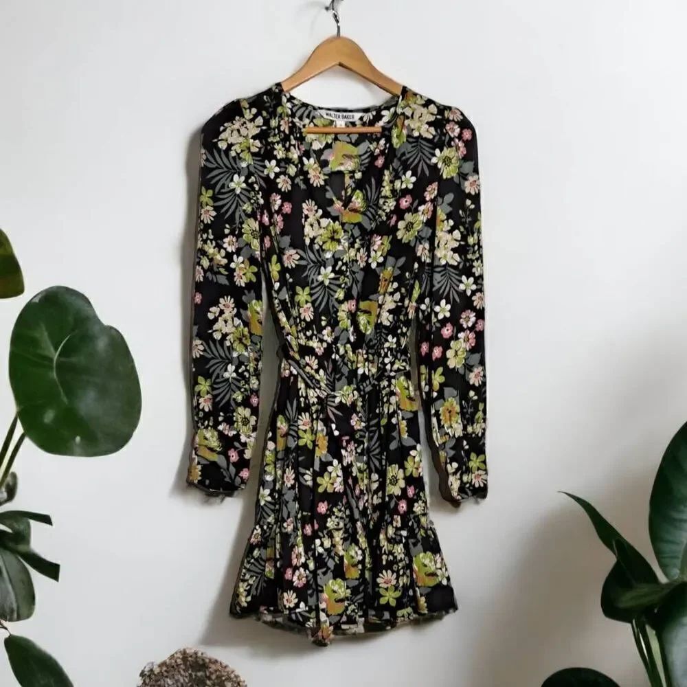 Walter  Baker Long Sleeve Floral Dress Black Small